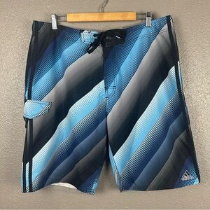 Adidas Angle Stripe Board Shorts Men’s 38 Blue Black White Side Pocket Swim